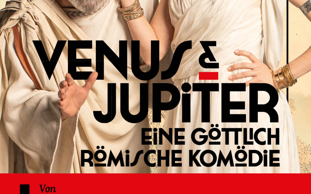 Cover von "Venus & Jupiter". Jenny Frankl als Venus hält Michael Niavarani als Jupiter am Ohr