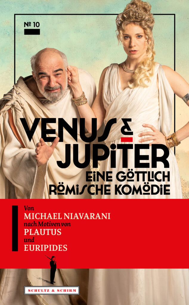 Cover von "Venus & Jupiter". Jenny Frankl als Venus hält Michael Niavarani als Jupiter am Ohr 
