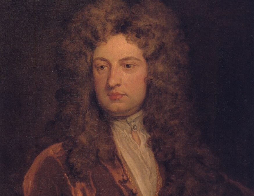 Ölportrait von John Vanbrugh, mit langer brauner Perücke und rotbrauner Jacke über weißem Hemd