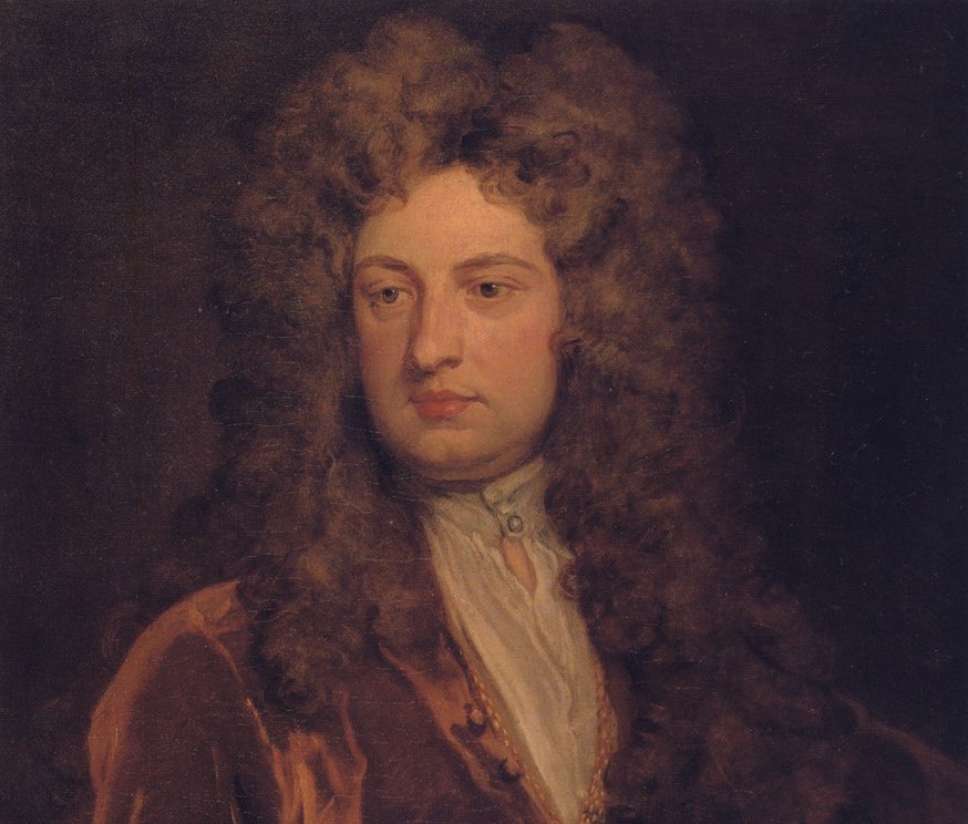 Ölportrait von John Vanbrugh, mit langer brauner Perücke und rotbrauner Jacke über weißem Hemd 