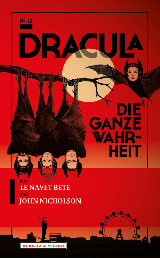Cover von "Dracula", roter Untergrund, unten in schwarz die Skyline Wiens, drei Fledermäuse mit Menschenköpfen hängen an einemAst, eine Fledermaus mit Menschenkopf fliegt zu ihnen. Die Köpfe gehören den Darstellenden der Simpl-Produktion